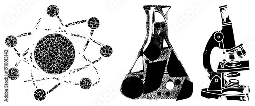 Atomic structure, laboratory beaker, microscope rendered in halftone vector style, scientific, educational graphics, black and white illustration.