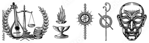 Classical emblems featuring lute and scales, flame on pedestal, compass, and stylized mask, rendered in art with intricate detailing.