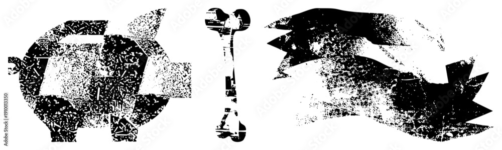 Fototapeta premium Black and white halftone vector of pig, bone, and dog, graphic symbols, isolated shapes, stylized animal motifs, design.