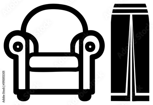 Black vector of armchair and trousers, minimalist furniture and apparel, flat design graphic, home decor and fashion elements.