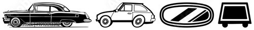 Vintage car profiles, modern hatchback, oval emblem with diagonal stripes, minimalist truck shape all rendered as clean vector graphics with no shading or texture.