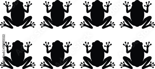 Frog silhouette pattern collection showing multiple black amphibian shapes in sitting pose, isolated on white background for wildlife, nature, education, and design concepts