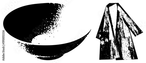 Black ink splatter graphic with fragmented texture, paired with stylized coat silhouette, vector art, artistic composition, graphic design element.