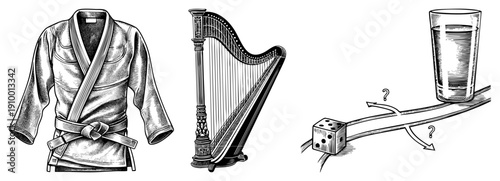 Japanese kimono robe with obi belt, ornate harp instrument, symbolic dice and glass path, vector illustration, cultural art, halftone style.