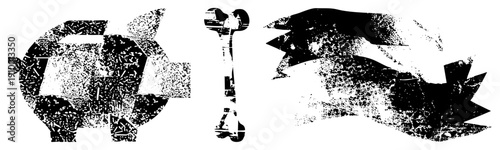 Black and white halftone vector of pig, bone, and dog, graphic symbols, isolated shapes, stylized animal motifs, design.