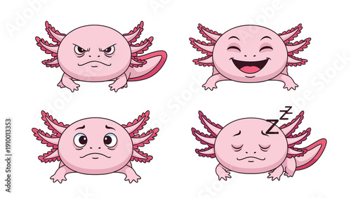 Cute Cartoon Axolotl Emotion Set. Pink Amphibian Character with Happy, Angry, Sad, and Sleeping Expressions.