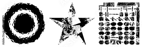 Distressed black and white vector shapes including circle, star, and geometric forms, ideal for graphic design, posters, or branding with vintage aesthetic.