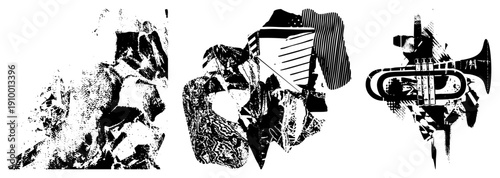 Stylized broken trumpet, fragmented piano keys, and abstract musical shapes rendered in high contrast halftone, graphic art, vector illustration.