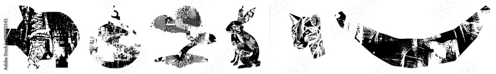 Fototapeta premium Stylized animal forms rendered in fragmented halftone, vector art with geometric cuts, isolated graphic elements, black and white design, modern digital illustration.