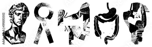 Stylized human body rendered in halftone, including bust, ribbon, torso, stomach, and intestines, using textured black and white vector art.