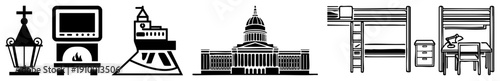 Classic lantern, fireplace, cruise ship, capitol building, bunk bed, study desk minimalist vector representing heritage, travel, governance, dorm life, and education.