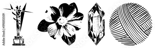 Four stylized abstract sculpture, textured flower, faceted crystal, and concentric striped sphere rendered in bold vector art with distressed texture and high contrast.