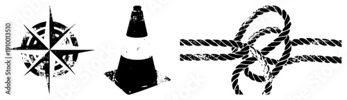Grunge style maritime compass, traffic cone, and rope knot. Nautical navigation, road safety, maritime equipment, vector graphics, distressed textures.