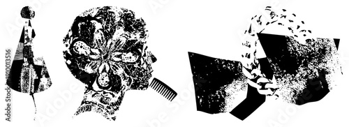 Three stylized human head profiles with fragmented textures, comb elements, and halftone effects, vector art, black and white, graphic design, isolated figures.
