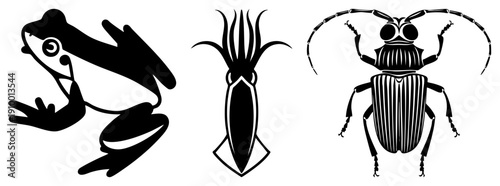 Vector illustrations of frog, squid, and beetle in bold black, minimalist design, flat graphic style, isolated for branding or UI.