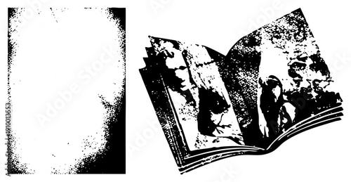 Vintage halftone style open book displaying portrait illustrations, blank page, graphic design, educational material, vector art.