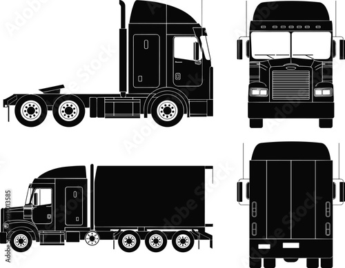 Black silhouette illustrations of semi‑truck tractor unit and box truck from multiple perspectives, side, front, and rear views, transportation design