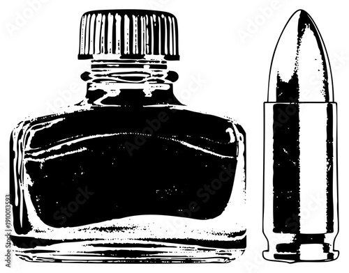 Vintage inkwell and ammunition cartridge rendered in stark, graphic contrast, symbolic juxtaposition, artistic vector design, isolated elements.