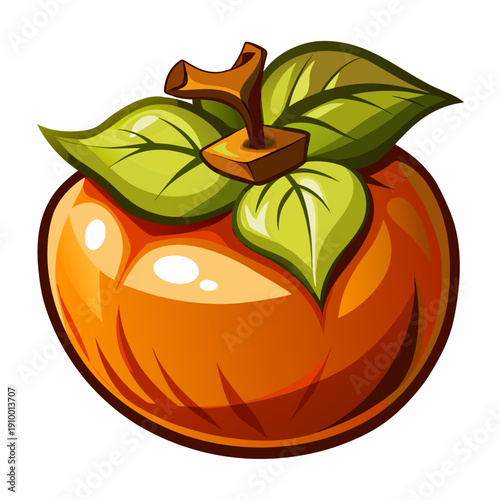 colorful illustration of a Ripe Persimmon with Green Leaves Close Up