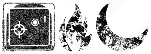 Graphic featuring a vault safe, stylized fire, and moon, each with intricate, design, vector art, symbolic.