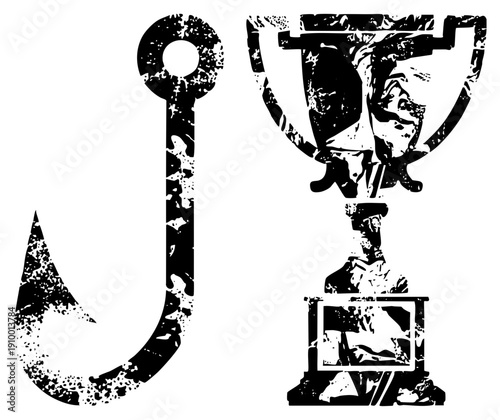 Fishing hook and trophy cup, angler symbols, sport achievement, fishing competition, victory emblem, black and white graphic, distressed texture.