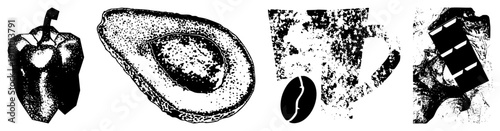 Black and white halftone graphic of food items avocado half, bell pepper, coffee cup with bean, chocolate bar. Vector art, isolated elements, food, stylized textures.