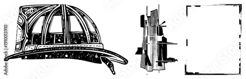 Ornate medieval helmet with visor, decorative motifs, Gothic armor design, historical headgear, black and white vector illustration.