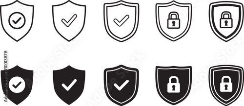 Set of vector shield icons with checkmark and lock silhouette design bundle of security symbols