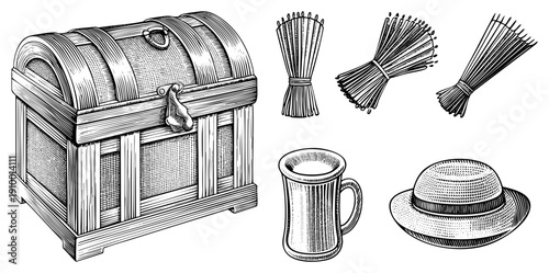 Antique treasure chest with metal latch, bundled arrows, ceramic mug, and straw boater hat, hand drawn vector illustration, classic adventure gear.
