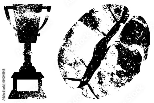 Black and white vector of sports victory trophy and soccer ball, distressed texture, athletic achievement symbols, isolated graphic elements.