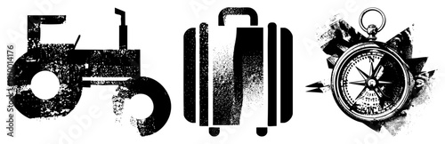 Retro travel symbols tractor, suitcase, compass, halftone texture, vector graphic, isolated, adventure motifs, journey elements.