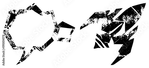 Fragmented speech bubble and jagged lightning bolt symbol, distressed texture, graphic design elements, communication disruption, digital glitch art.