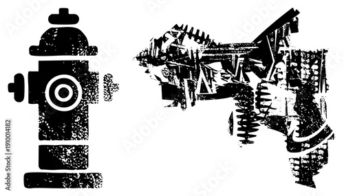 Black and white vector art of fire hydrant and abstract mechanical dog, halftone texture, graphic design, urban, isolated foreground elements.