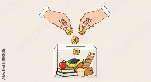 Charity Fundraising and Community Aid Concept – Donation Box with Groceries and Money Vector for European NGOs