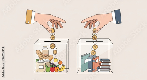 Hands Donating Coins to Transparent Charity Box with Food Supplies – Social Welfare Support in Europe Vector