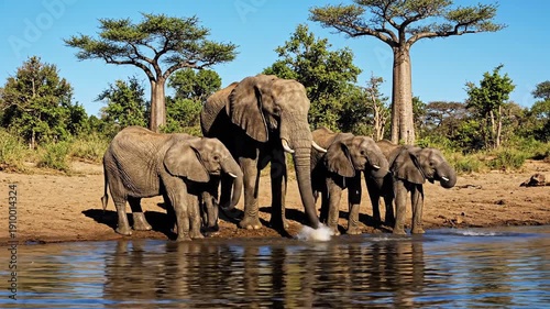 Powerful elephant family quenching thirst at a watering hole near a Baobab tree, ideal for wildlife conservation and tourism footage.