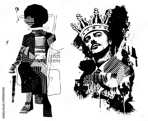 Monarch wearing ornate crown, stylized warrior with geometric armor, black and white halftone vector, graphic design, bold, political satire, pop art influence.