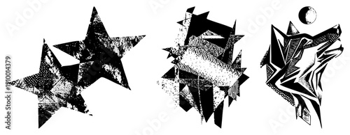 Black and white vector illustrations featuring star shapes, fragmented geometric forms, and a stylized wolf head with moon. Halftone textures, sharp angles, graphic design elements.