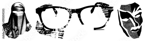 Stylized halftone vector featuring a veiled person, eyeglasses, and geometric mask. Black and white graphic design with stippling texture. Isolated foreground elements for UI or branding.