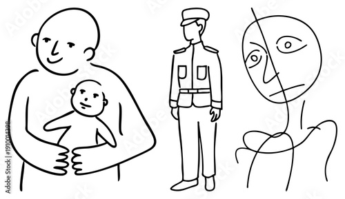 Simple drawings of a father holding a baby, a uniformed soldier, and a fragmented face figure, all rendered in clean black on transparent background.