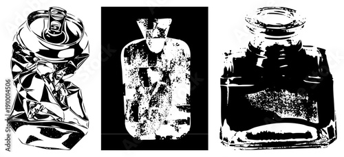 Graphic vector illustrations of crushed soda can, distressed bottle, and vintage glass jar, rendered in bold black and white with halftone textures and sharp.