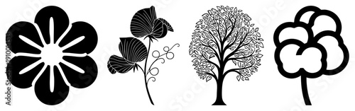 Vector and foliage symbols in minimalist black, including stylized flower, leafy vine, full tree, and bush shapes, ideal for graphic design or UI elements.