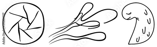 Minimalist black symbols starburst in circle, dynamic wavy, cheerful U shape with eyes and dots. Vector art, graphic design elements, stylized.