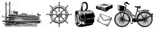 Classic riverboat, nautical helm, leather satchel, mail envelope, bike retro travel symbols, art, isolated for design.