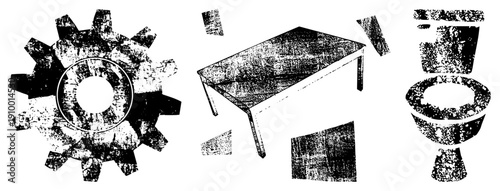 Vector illustrations of mechanical gear, wooden coffee table, and toilet with distressed texture,, gritty aesthetic, isolated objects, urban decay theme.