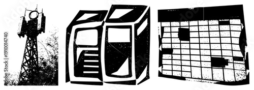 Bold black and white vector forms with grunge texture, angular blocks, fragmented grids, stylized architecture, graphic design elements, modern art composition.