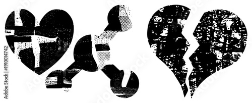 Two fragmented heart shapes with halftone, emotional breakup symbol, distressed graphic design, romantic, vector art, isolated symbols, cutout illustration.