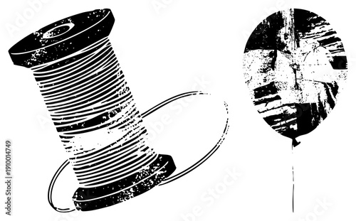 Black and white vector illustration of a spool with coiled thread and a textured circular fabric sample, stylized with grunge effects and halftone.