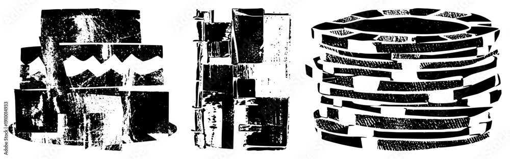 Fototapeta premium Stacked abstract forms with jagged edges and textured halftone, graphic art, vector composition, design, modern minimalism.