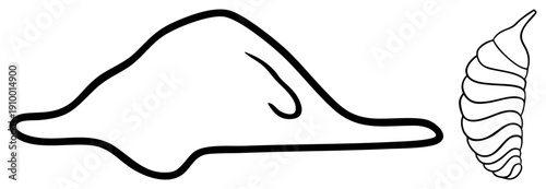 Conch and spiral rendered as clean black, marine biology illustration, oceanic, vector graphic, coastal motif, art.